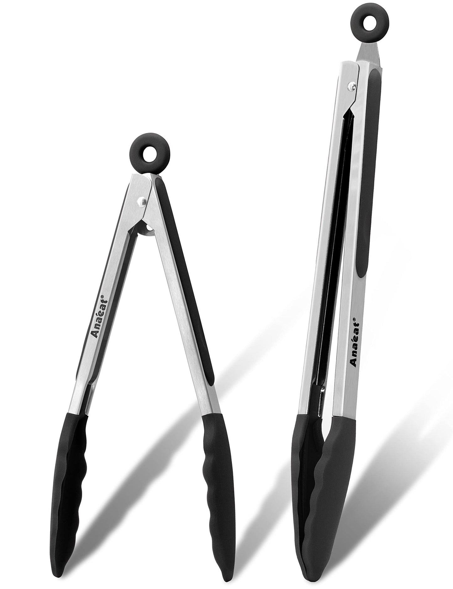 Anaeat Non-Stick Silicone Locking Tong Set of 2 - Stainless Steel 9" and 12" Kitchen Food Tongs with Non-Slip Silicone Tips and Grip for Cooking, Baking and BBQ - Heavy Duty & Heat Resistant (Black)