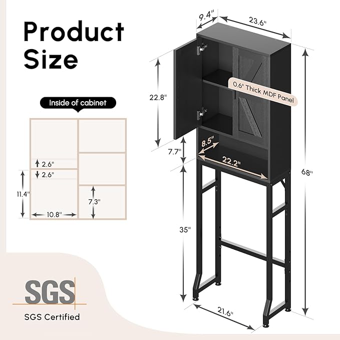 USHOWER Over The Toilet Storage Cabinet, Bathroom Organizers and Storage with Barn Doors, Thicken Metal Stand & MDF Wood Above Toilet Storage Cabinet, Freestanding Space Saver, Black