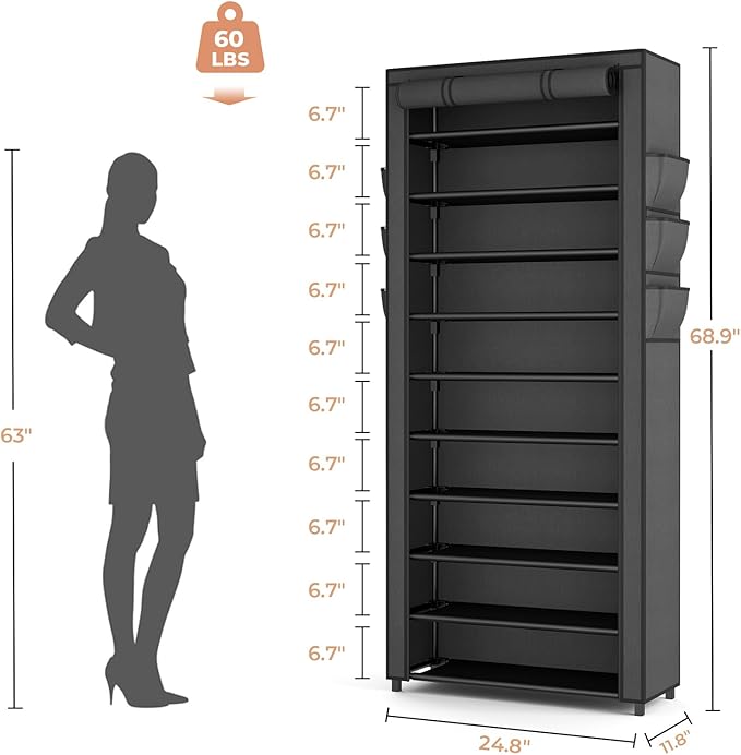VTRIN Vertical Narrow Shoe Rack Organizer Tall Shoe Rack for Closet Entryway 10 Tier Non-Woven Cover Shoe Shelf Holds 36-41 Pairs Free Standing Shoe Storage Cabinet with Dustproof Cover, Black