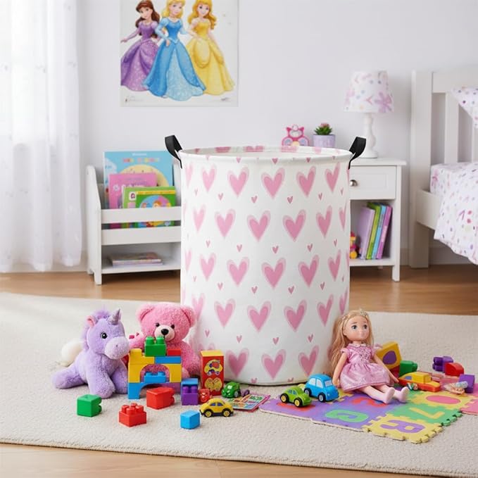 HIYAGON Baby Laundry Basket Baby Hamper for Nursery Girl Kids Butterfly Hamper Cute Kids Toys Storage Bin Organizer Butterfly Room Decor for Home(Pink Hearts)