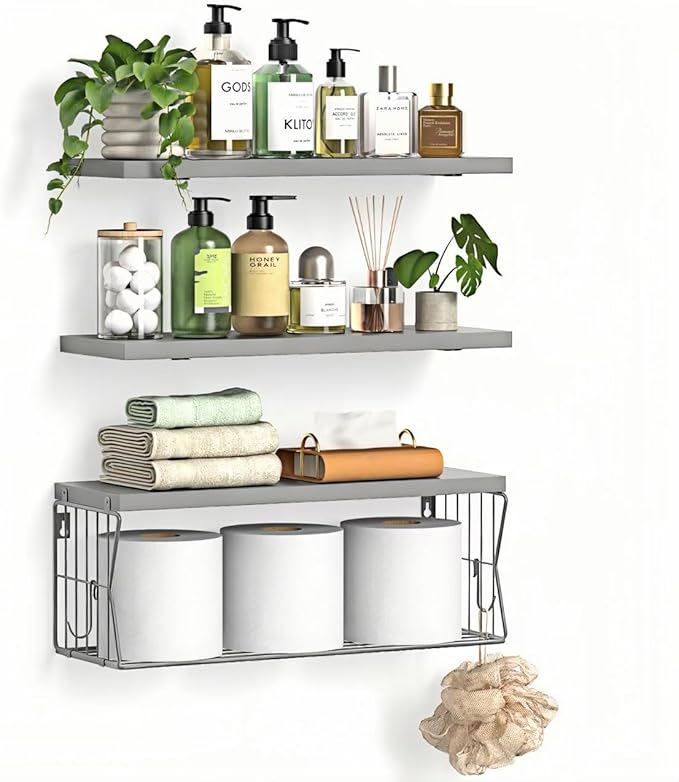 Floating Bathroom Shelves Wall Mounted - Wooden Shelf Set of 3 for Over Toilet Storage & Modern Bathroom Decor - Perfect Wall Shelving Organizer for Apartments RVs Powder Rooms Restroom - Grey