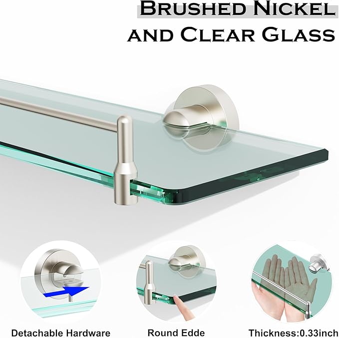 24 Inch Glass Bathroom Shelves,Brushed Nickel Floating Shelves for Wall Rectangular Modern Stainless Steel Glass Shelf for Bathroom Shelves Wall Mounted