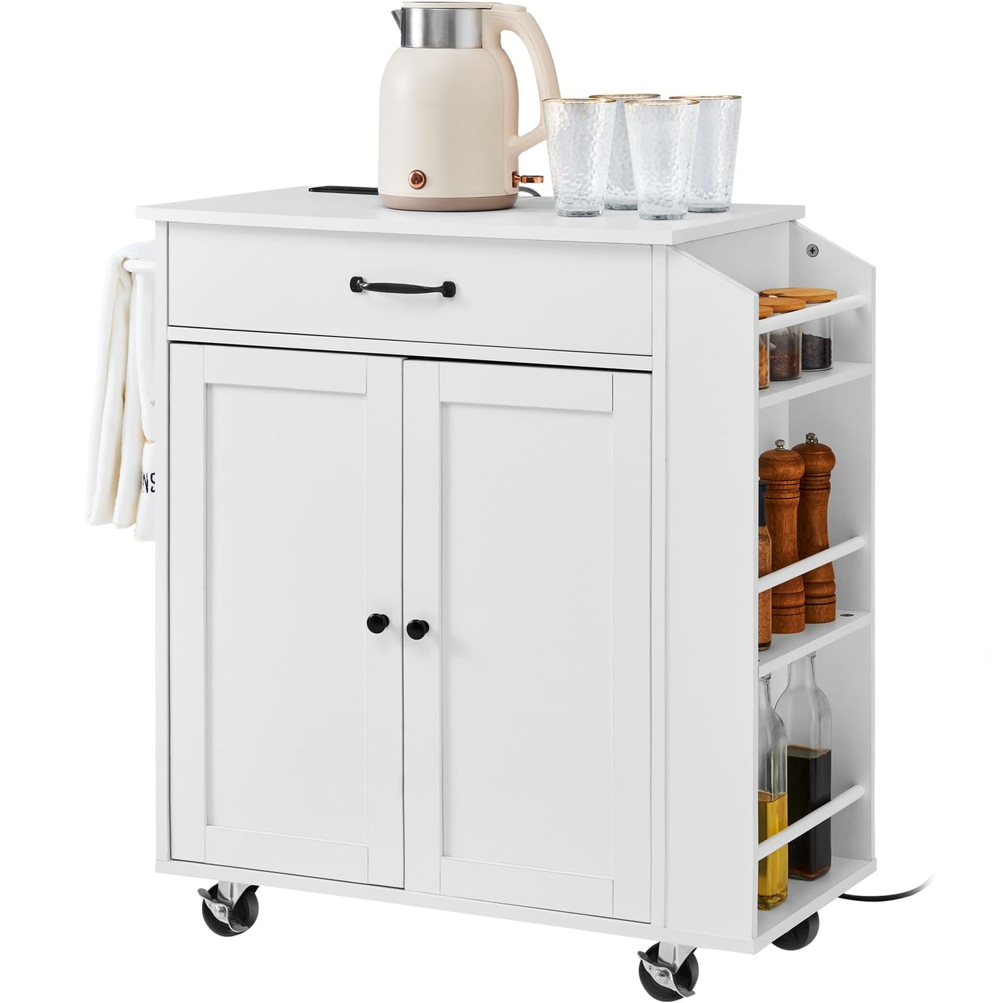 VEVOR Kitchen Island Cart with Single Door Cabinet, Mobile Carts with Drawer, Towel Rack, Hooks, Portable Table on Swivel Wheels, Small Coffee Islands Microwave Stand for Dining Room, 18x23 in, White