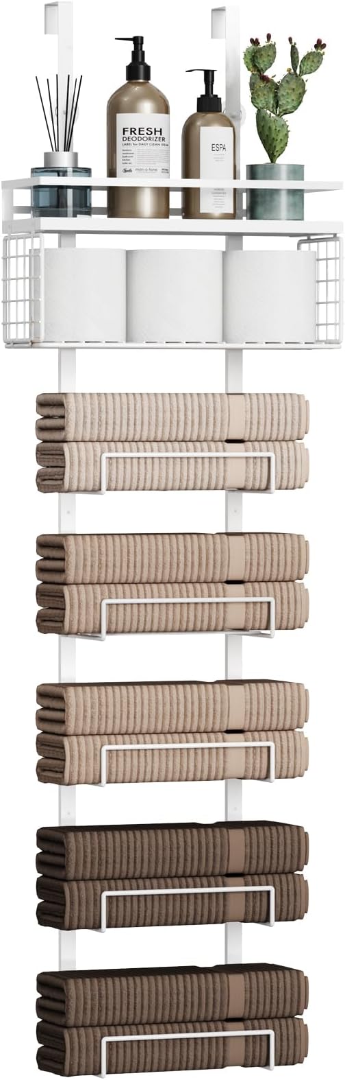 Towel Racks for Bathroom Over The Door Towel Racks Towel Storage Organizer with Metal Shelf Basket for Bathroom Rv Camper (7-Tier White)
