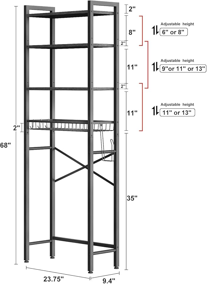 Over-The-Toilet Storage Rack, 4-Tier Bathroom Organizer Shelf Over Toilet with Adjustable Shelf and Basket, Freestanding Space Saver Bathroom Shelves Above Toilet for Room (Pure Black)