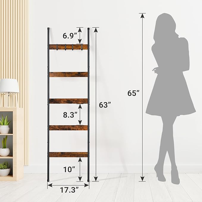 ELYKEN Blanket Ladder for Living Room, Farmhouse 5-Tier Quilt Holder with 4 Removable Hooks for Bathroom, Wood Towel Rack Display, Wall Anchor Leaning Decorative Stand for Home, Rustic Brown