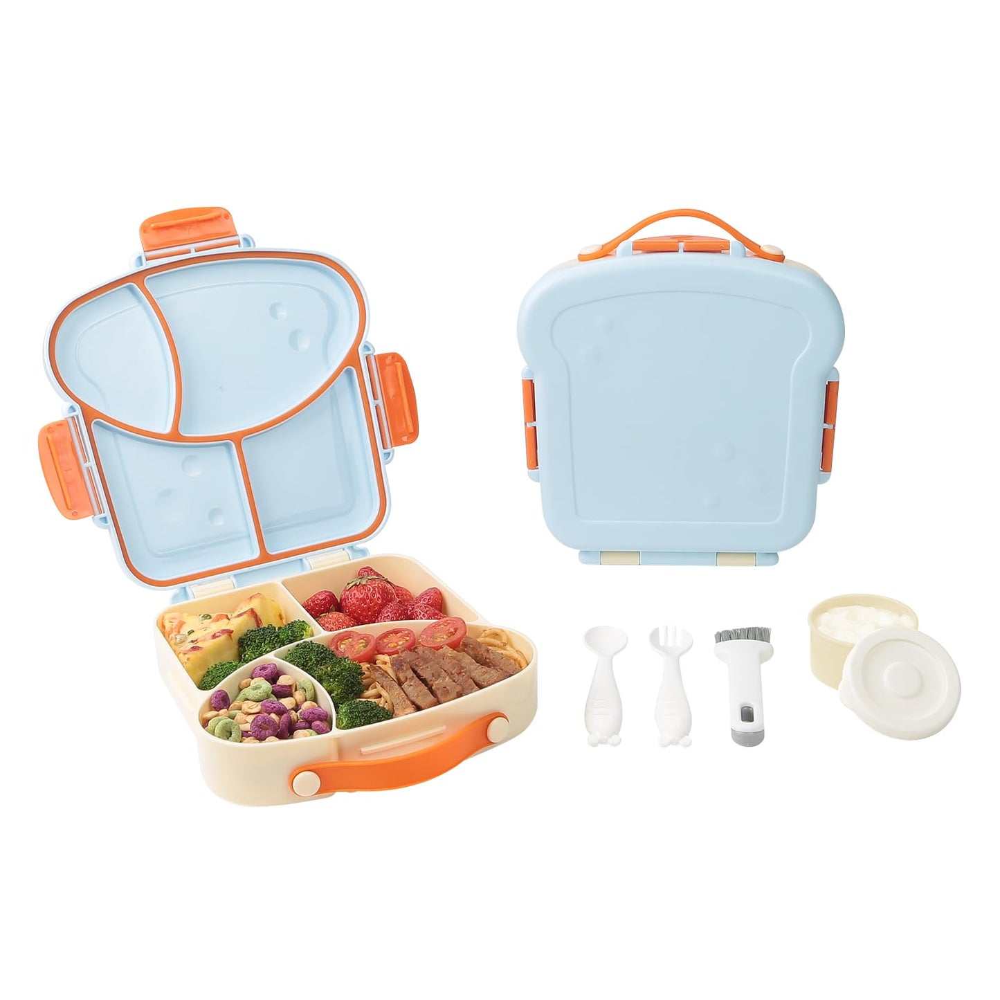 SAYAPE Bento Box for Kids & Adults – Cute Cartoon 2-Layer Lunch Box with Fork, Sauce Cup & Brush, BPA-Free, 3-Compartment Square Snack Container with Handle for School, Office, or Travel (Green)