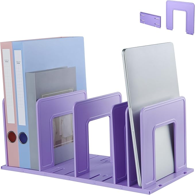 Adjustable Vertical File Sorter Sturdy Plastic Expandable Upright File Holder, Desktop Binder Organizer, School Office Organization Bookshelf Divider, Assemble Easily Endlessly, Purple