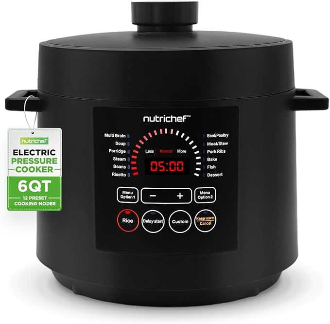 NutriChef Electric Pressure Cooker 6 Quart Capacity | 9 Function Digital Countertop Pressure Cooker | Adjustable Time & Temperature | Cook, Bake, Steam, & Braise | 13.1 x 11.4 IN | White