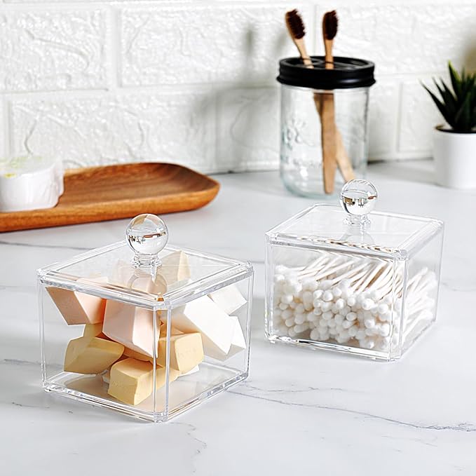 SheeChung 2-Pack Modern Square Acrylic Qtip Holder - Clear Apothecary Jars with Lids - Bathroom Vanity Storage Canister - Shatterproof Square Organizers for Cotton Swabs, Pads-Modern Minimalist Decor