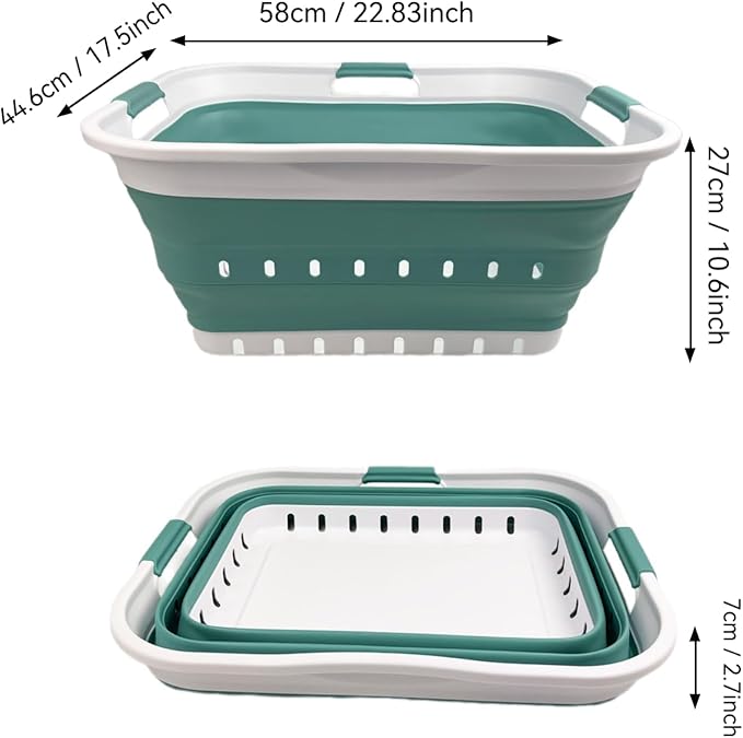 SAMMART 42L (11 gallon) Collapsible Plastic Laundry Basket - Foldable Pop Up Storage Container/Organizer - Space Saving Hamper/Basket (1, White/Celadon Green)