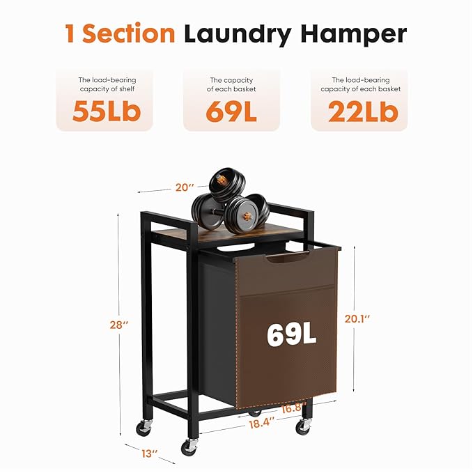 DUMOS Laundry Hamper with 1 Pull-Out Removable Sorter Bags, Movable Wheels, Freestanding Clothes Basket Organizer in Bathroom, 1 × 18.3Gal (69L) Capacity, Rustic Brown and Black
