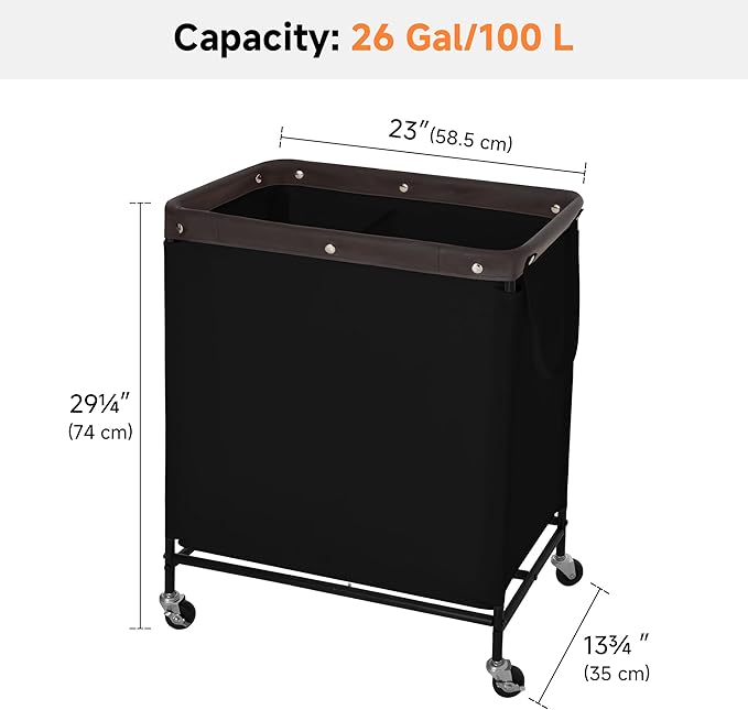 StorageWorks 2 Section Laundry Hamper, Rolling Laundry Cart with Wheels and Handles, Laundry Room Double Sorter for Organizer and Storage, 26.4 Gal(100L), Black