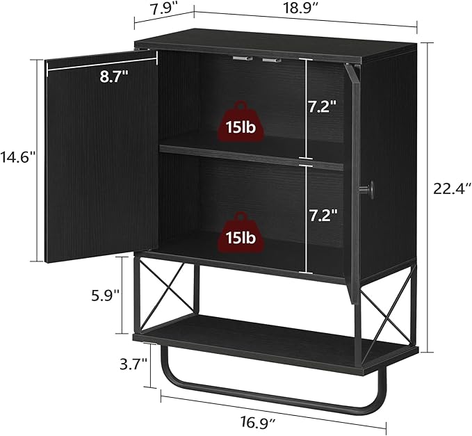 Bathroom Wall Cabinet with 2 Door and Adjustable Shelf, Farmhouse Medicine Cabinet with Towel Rack, 3-Tier Wall Mounted Storage Cabinet Over The Toilet for Bathroom, 18.9" L, Black