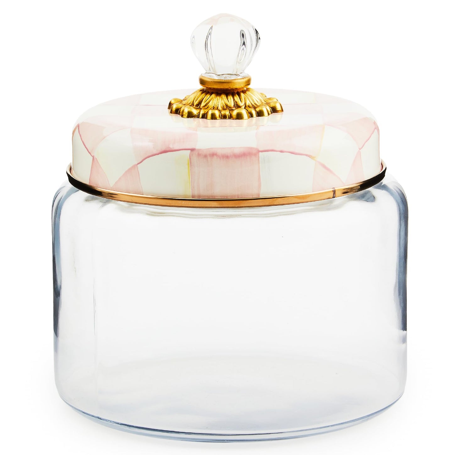 MACKENZIE-CHILDS Rosy Check Kitchen Canister, Decorative Pink-and-White Glass Storage Jar with Lid, Medium