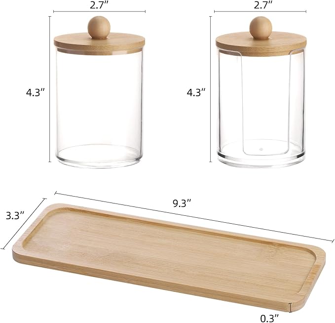 Tbestmax 10 oz Qtip Holder with Vanity Tray, 3 Pack Cotton Swab/Ball/Pad Dispenser Apothecary Jar, Clear Bathroom Containers Dispenser for Storage Bamboo Lids