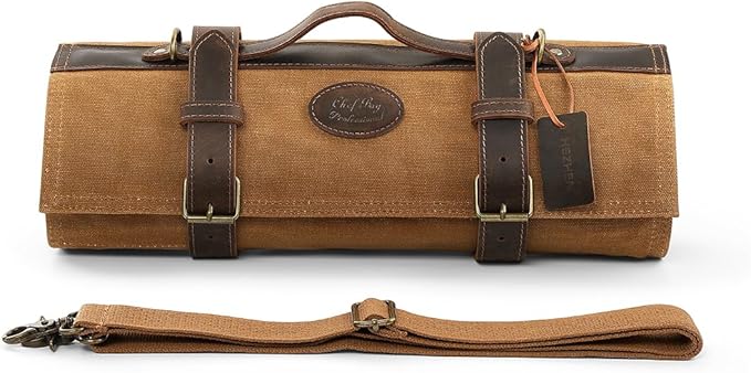 HEZHEN Chef Knife Roll Bag 16oz Oil Waxed Canvas, Heavy Duty Portable Backpack Knife Case Storage, 12 Slots & 2 Zipper Pockets, Detachable Adjustable Leather Shoulder Strap Belt（Not Included Knives）