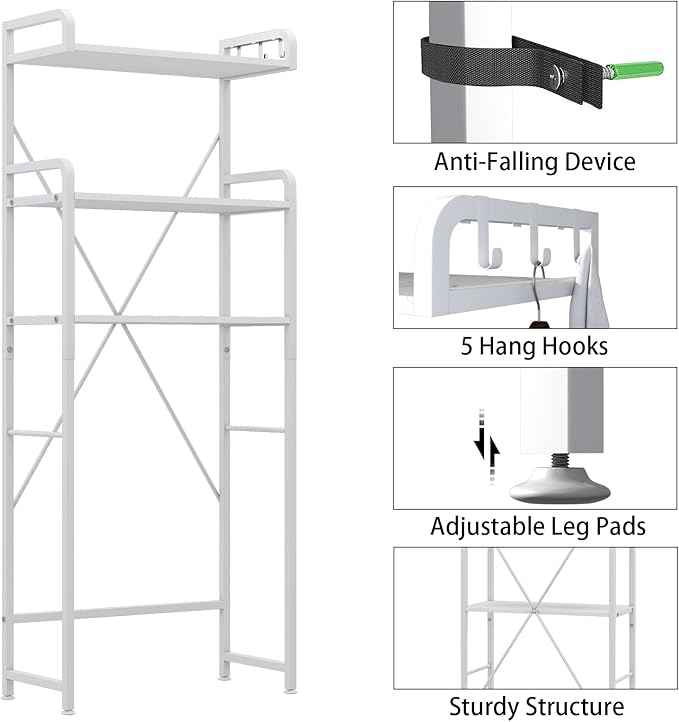 Over The Toilet Storage Rack with 3-Tier Bathroom Shelves, Space Saver Toilet Shelf, Bathroom Storage Organizer with Hooks for Over Toilet Storage and Shelf (White)