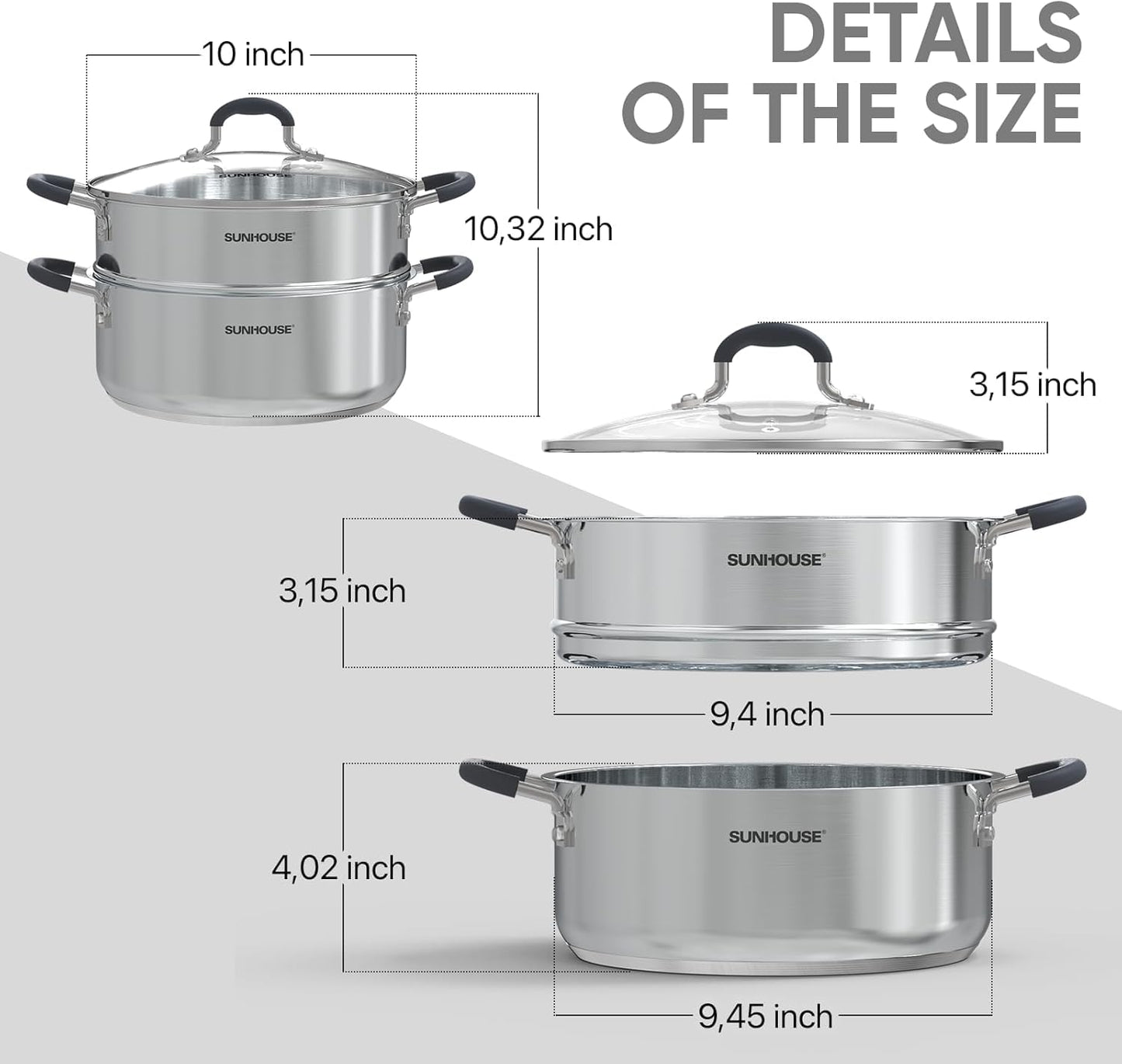 Sunhouse: 2-Tier Stainless Steel Steamer Pots - 5.5 Quart - Tempered Glass Lid, 3-Ply Bottom, Vegetable-Dumpling-Food Cookware, Dishwasher & Oven Safe