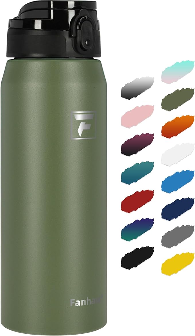 Fanhaw 24 oz Insulated Stainless Steel Water Bottle with Anti-Dust Chug Lid, Leakproof Vacuum Metal Bottle for Kids, Women & Men (Olive Green)