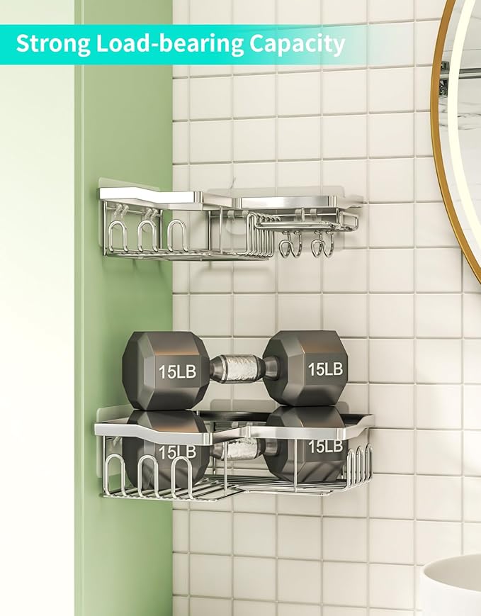 HapiRm Corner Shower Caddy with Shampoo Holder, Shower Organizer with 11 Hooks, No Drilling Rustproof Stainless Steel Bathroom Shelves - Silver (Only for 90 ° Right Angle)