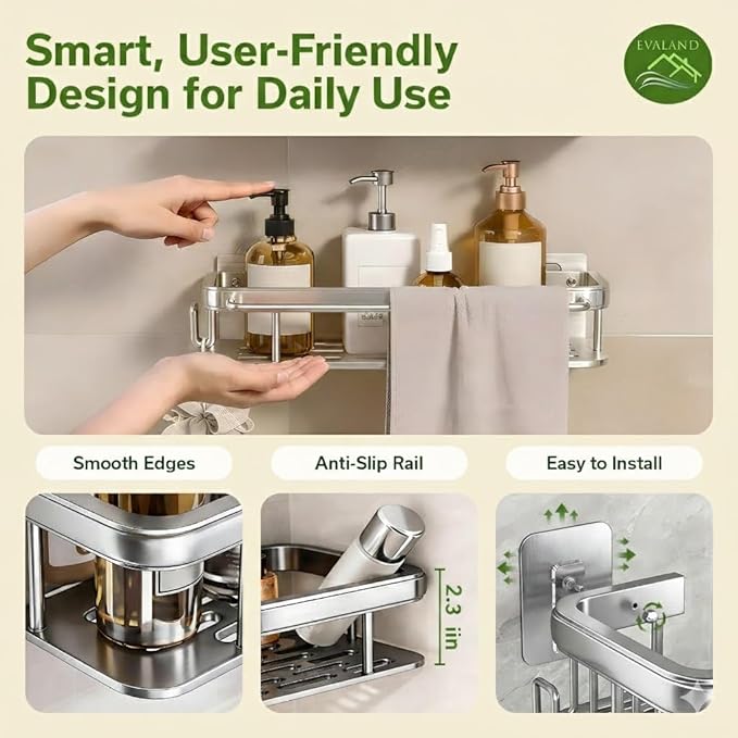 EVALAND Shower Caddy Adhesive 2-Pack with Hooks and Rod for Towels, Silver – Premium Bathroom Shower Shelves, Shampoo Organizer, Bathtub Shelf, Rustproof, Easy Installation, Sturdy Modern Look