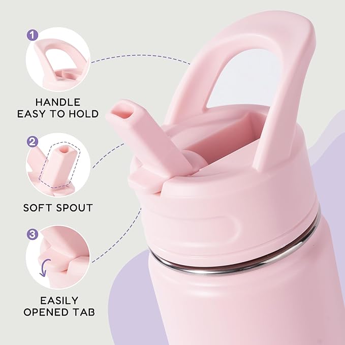 12oz Water Bottle with Straws, Stainless Steel Vacuum Insulated Water Bottle Leak-Proof, BPA-Free, Purple + Pink