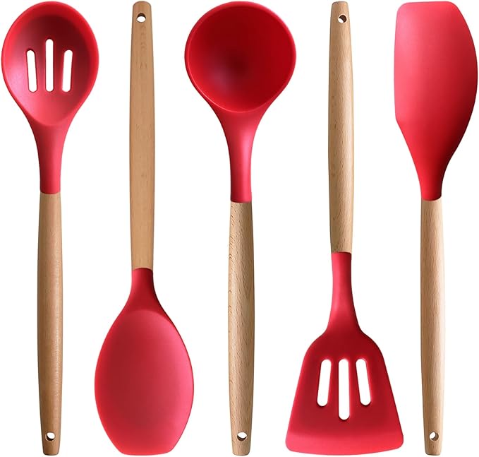 IOCBYHZ Silicone Cooking Utensils Set 5Pcs Non-Stick Silicone Kitchen Utensils for Cooking, Heat Resistant Kitchen Gadgets Spatula Spoon Turner Set with Wooden Handles for Non-Stick Cookware BPA Free