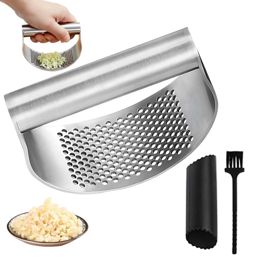 Stainless Steel Garlic Press, 2026 Upgrade Garlic Press Rocker Heavy Duty Stainless Steel Garlic Mincer, Heavy Garlic Chopper with Peeler And Cleaning Brush (2PCS With Corkscrew)