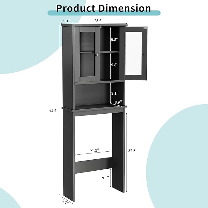 Shintenchi Over The Toilet Storage Cabinet, Bathroom Shelf Organizer with Anti-Tip Device Small Freestanding Space Saver with Adjustable Shelf and Glass Door, Gray