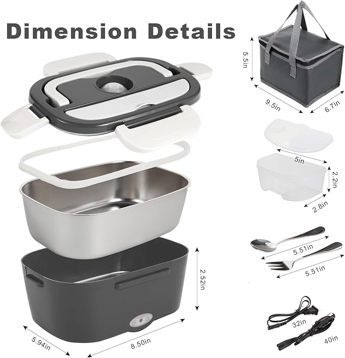Electric Lunch Box, 12V/24V/110V Portable Food Warmer with SS Fork & Spoon for Car/Truck/Office, 80W Self Heating Lunch Box with 1.5L 304 Stainless Steel Container & 0.45L PP Fruit Box Beige