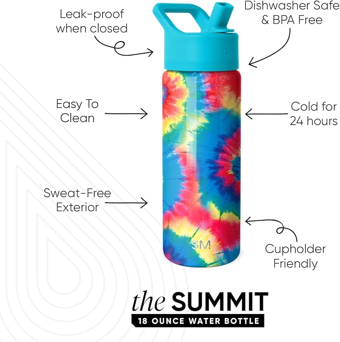 Simple Modern Kids Summit Water Bottle with Straw Lid | 18oz Stainless Steel Tumbler for Toddlers, School | Tie-Dye