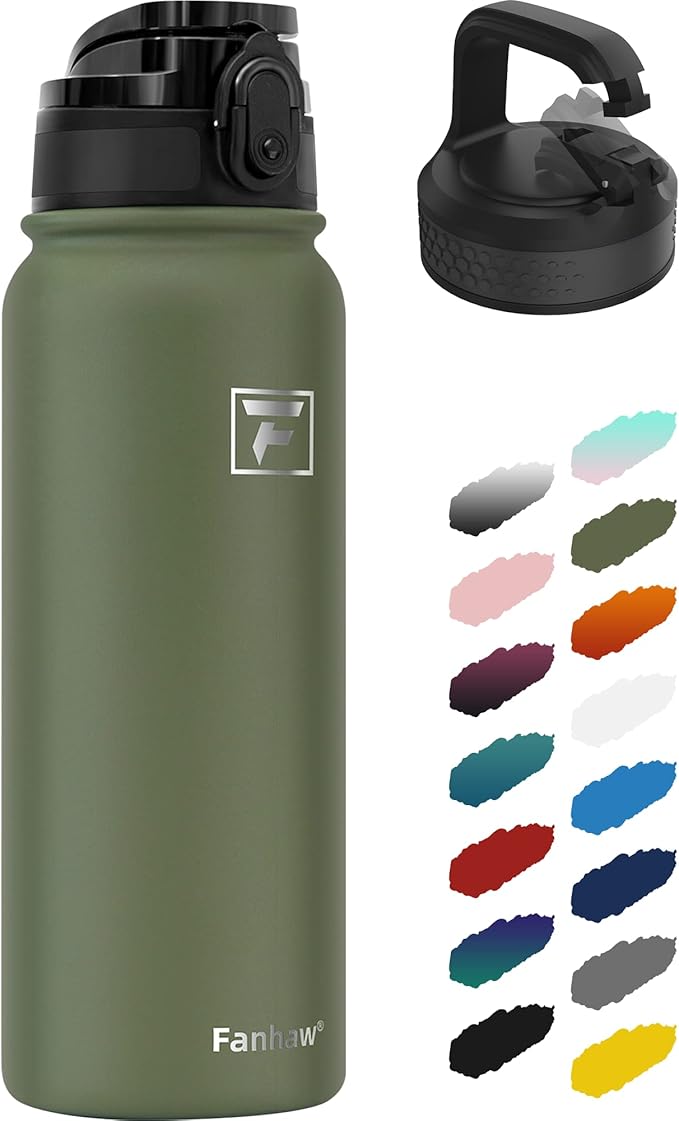 Fanhaw 20 oz Insulated Stainless Steel Water Bottle with Anti-Dust Chug Lid & Carabiner Lid, Leakproof Vacuum Metal Bottle for Kids, Women & Men (Olive Green)