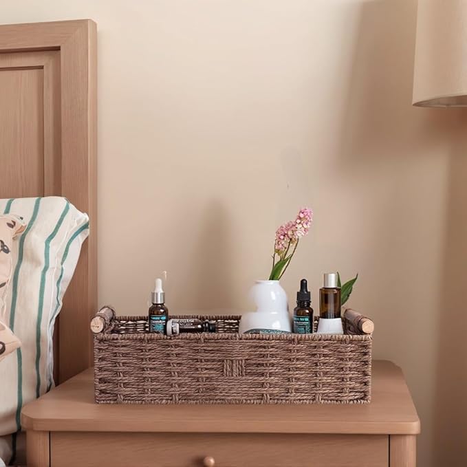 Toilet Tank Basket, Brown Wicker Toilet Paper Storage Basket (Holds 2 Rolls), Handwoven Paper Rope Bathroom Basket Organizer with Wooden Handles, Basket for Top of Toilet, Over Toilet Shelf & Counter