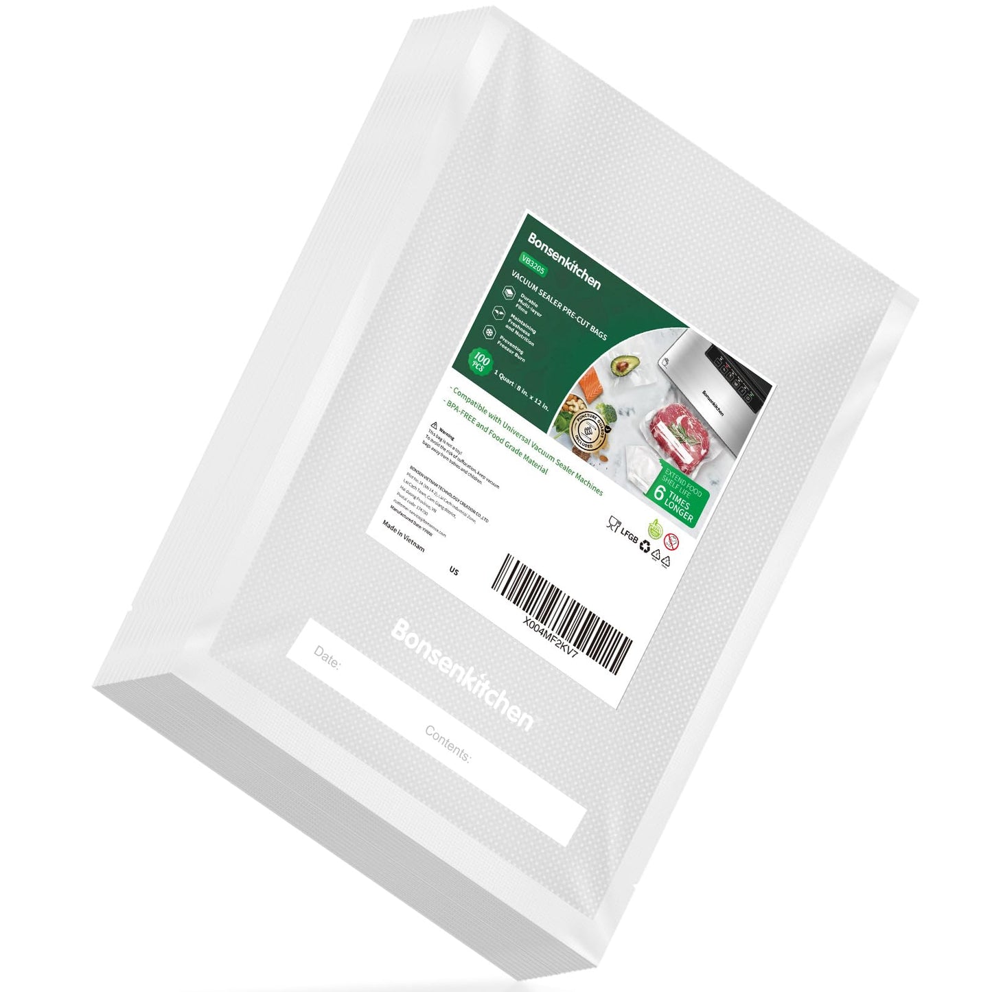 Bonsenkitchen Precut Vacuum Sealer Bags 200 Quart 8" x 12", BPA Free