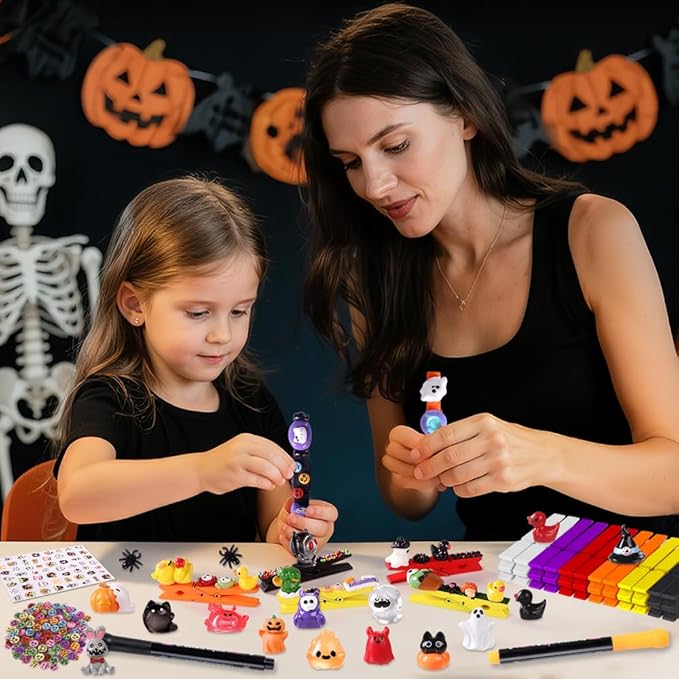 JOICEE 60 Set Halloween Cheer Pins Spirit Clips, 60 Colored Clothes Pins 115 Mini Resin Figures Ornaments Bows and Stickers pens 300 Beads for Halloween Trick or Treat DIY Crafts Gifts Party Favors