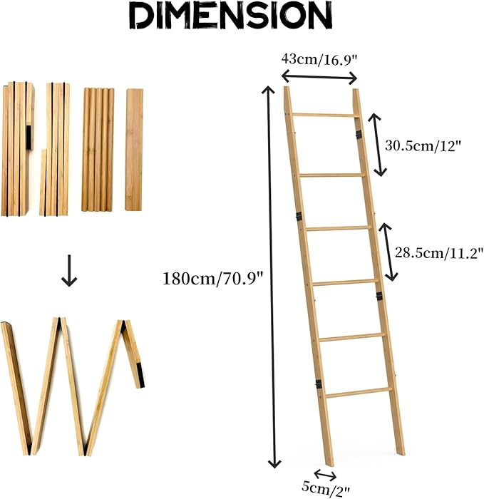 BAMBANG 6-Tier Blanket Ladder for Living Room, Blanket Quilt Ladder Rack Rustic Decorative Towel Holder, Wall Leaning Blanket Ladder Shelf Storage Farmhouse Decor for Bedroom Bathroom, Natural