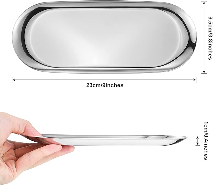 Silver Oval Vanity Tray - Stainless Steel Jewelry, Bathroom, Makeup Cosmetic, Towel Napkin Storage Organizer - 9 x 3.8 inches (LxW), Medium