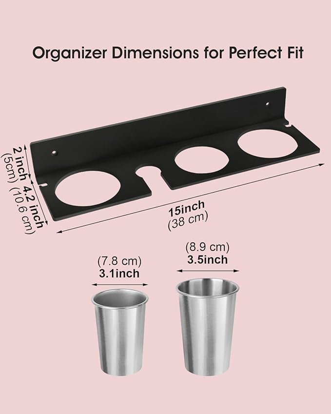 Hair Tool Organizer, Hair Dryer Holder with Heatproof Steel Cups, Acrylic Vanity Organizer for Curling Iron, Flat Iron & Hair Brushes, Perfect for Bathroom (Black, Oversized)
