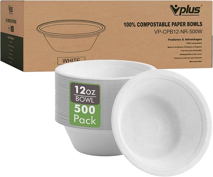 Vplus 500 Pack 12 OZ Compostable Paper Bowls, Bagasse Bowls Bulk，Nature