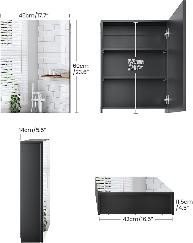 Bathroom Medicine Cabinet, Wall-Mounted Bathroom Vanity with Mirror, Bathroom Medicine Cabinet with Storage Function, Hanging Storage Cabinet, Adjustable Shelves, Black