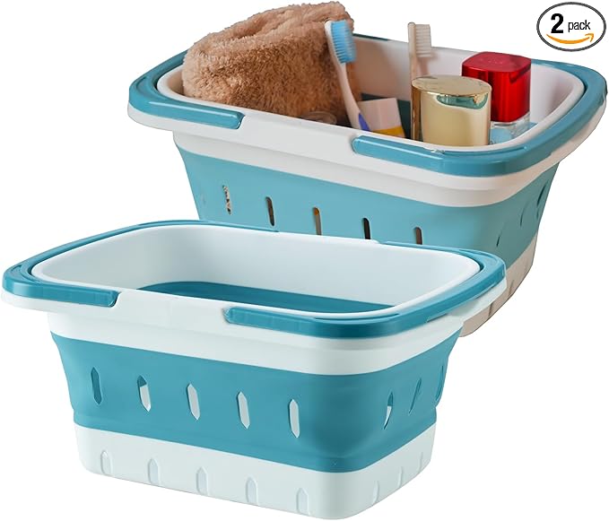 2 Pack Portable Folding Plastic Shower Caddy Basket, Perforated, Travel Bathroom Organizer for Bedroom, Shower, Collage Dorm Room, Camping and RV Use (Blue, 2 pack)