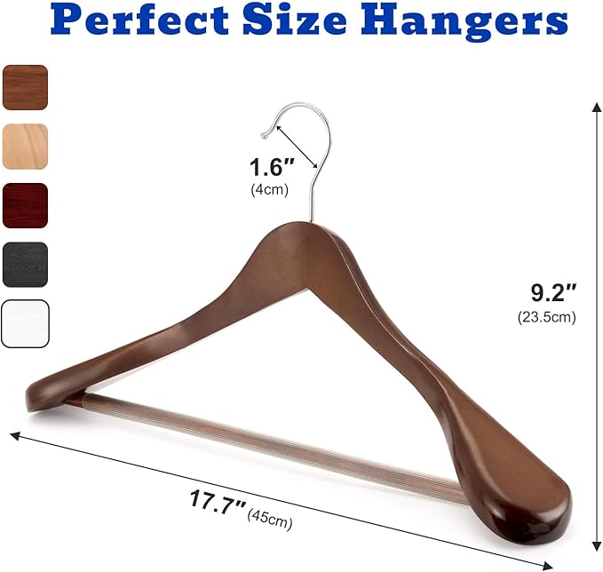 HOUSE DAY Wide Shoulder Wooden Hangers, Suit Hangers with Non Slip Pants Bar, Smooth Finish 360° Swivel Hook Solid Wood Coat Hangers for Dress, Jacket, Pants, Heavy Clothes Hangers 6 Pack (Walnut)