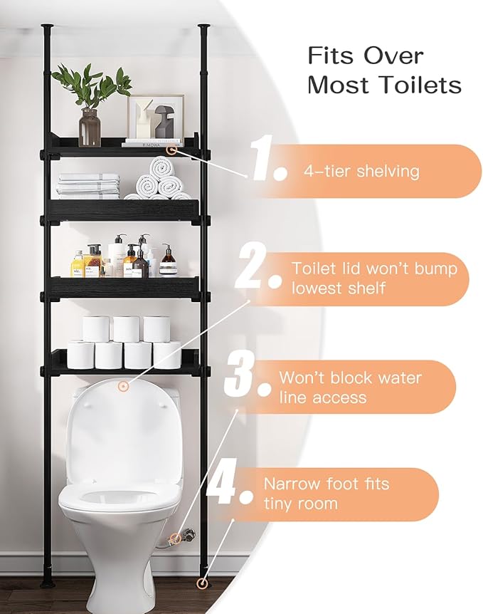ALLZONE 4 Tier Over The Toilet Storage, Adjustable Wood Over Toilet Bathroom Organizer, Freestanding Shelves, Fit Most Showers Over The Toilet Shelf, 92 to 116 Inch Tall, Black