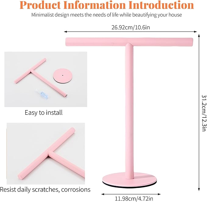 Pink Bathroom Hand Towel Holder Stand，T-Shape Hand Towel Holder Stand SUS304 Stainless Steel for Bathroom，Kitchen or Vanity Countertop