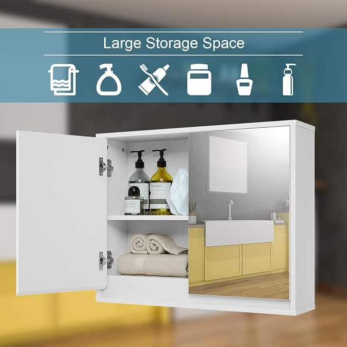 Tangkula Bathroom Medicine Cabinet, 2-Tier Wall-Mounted Storage Cabinet with Double Mirror Doors, Multipurpose Kitchen Bathroom Medicine Storage Cabinet, White (22" x 18")