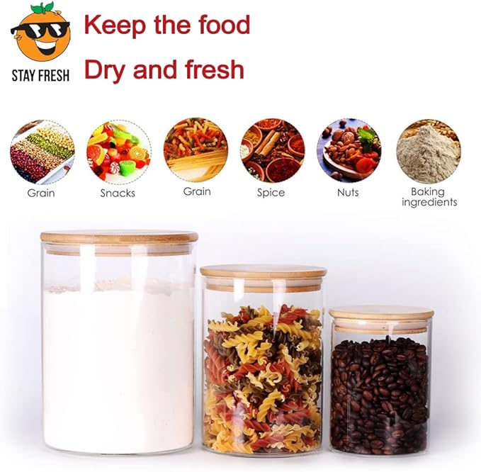 Tzerotone Glass flour Jars with Airtight Lids, 6 Pack Sugar and Flour Salt Containers Set, Extra Large Glass Rice Jar with Bamboo lid for Kitchen, Brown Suger, Beans, Groub Coffee (100OZ/54OZ/27OZ)