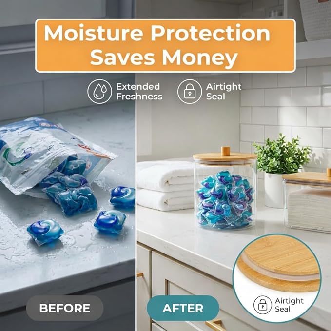 Laundry Pods Containers for Organizing Dryer Sheet Holder & Laundry Jars with Lids, Labels & Scoops - Acrylic Laundry Storage Containers for Powder, Pods, Detergent, Scent Booster