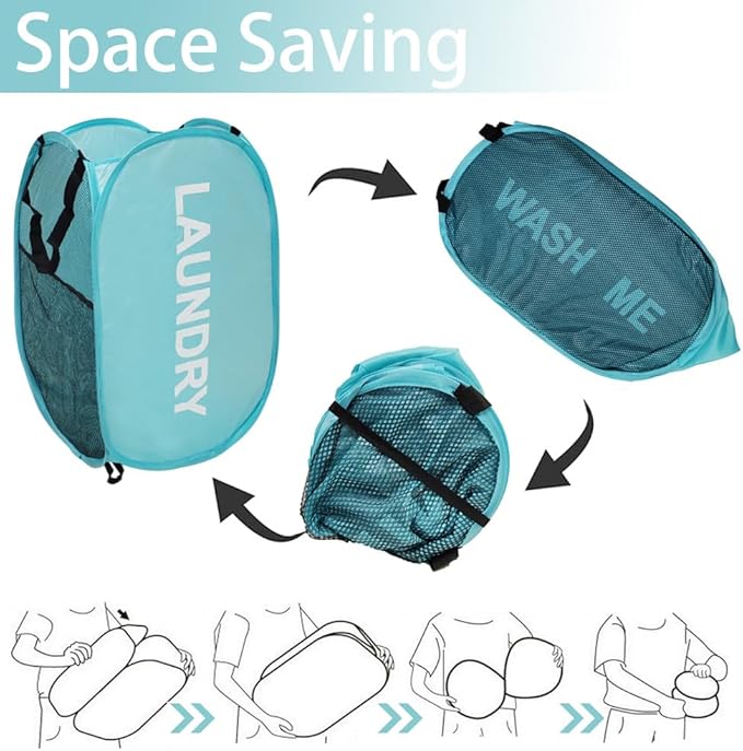 Collapsible Laundry Hamper 2 pack Mesh Pop Up Laundry Hamper with Handles, Foldable Laundry Basket for Bedroom, College Dorm, RV, Travel (Pink + Sky Blue)