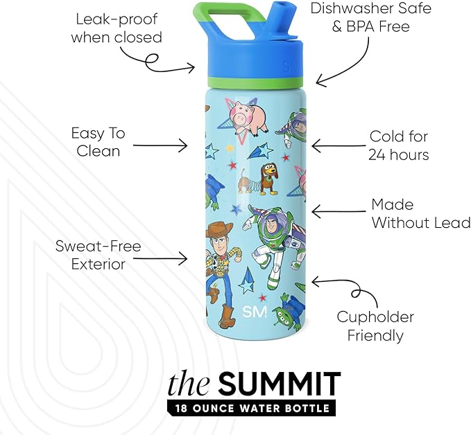 Simple Modern Kids Summit Water Bottle with Straw Lid | Disney Toy Story 18oz Stainless Steel Cup Insulated Tumbler for Boys, School | Buzz and Woody Adventures